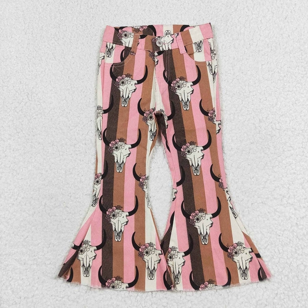 NWT Pink Girls Western Flared Jeans with Bull Skull Print